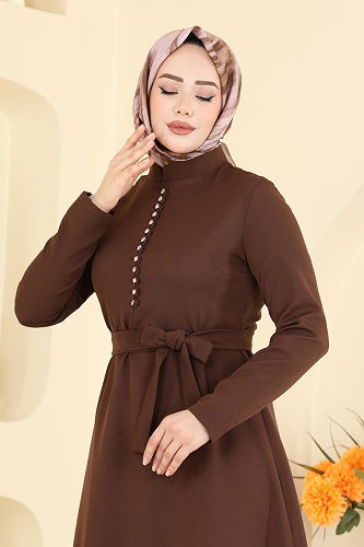 moda selvim Taşlı Düğme Detaylı Elbise 4179ZNN863 Kahve - Thumbnail