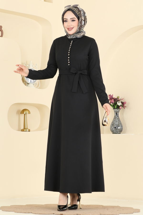 Modaselvim Elbise Taşlı Düğme Detaylı Elbise 4179ZNN863 Siyah