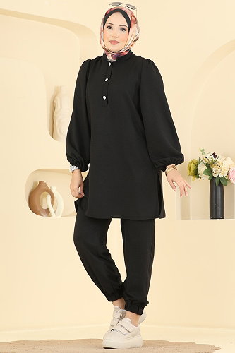 moda selvim Taşlı Düğmeli 2 li Takım 5830EDFK1198 Siyah - Thumbnail