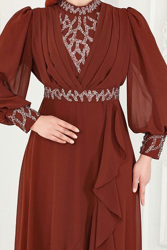 moda selvim Taşlı Eteği Volanlı Şifon Abiye 5671AB368 Bakır - Thumbnail
