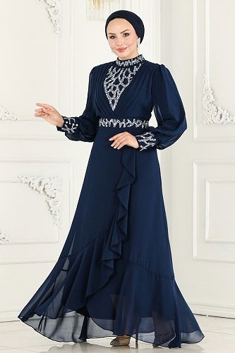 moda selvim Taşlı Eteği Volanlı Şifon Abiye 5671AB368 Laci - Thumbnail