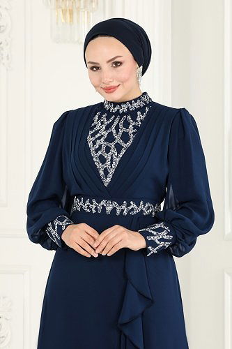 moda selvim Taşlı Eteği Volanlı Şifon Abiye 5671AB368 Laci - Thumbnail