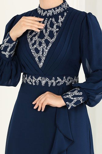 moda selvim Taşlı Eteği Volanlı Şifon Abiye 5671AB368 Laci - Thumbnail