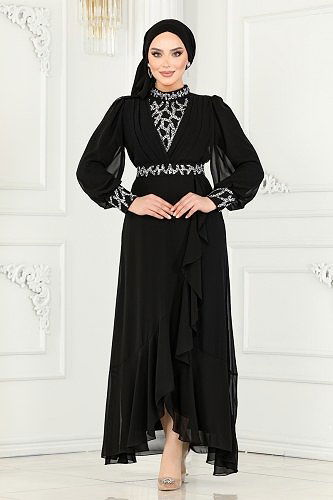 moda selvim Taşlı Eteği Volanlı Şifon Abiye 5671AB368 Siyah - Thumbnail