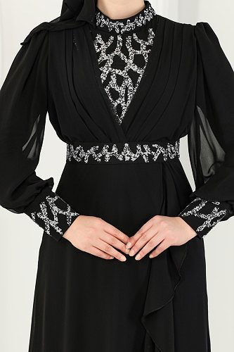 moda selvim Taşlı Eteği Volanlı Şifon Abiye 5671AB368 Siyah - Thumbnail