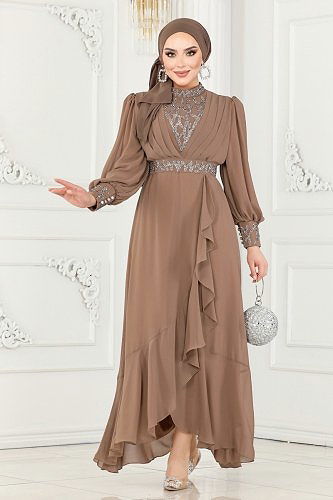 moda selvim Taşlı Eteği Volanlı Şifon Abiye 5671AB368 Vizyon - Thumbnail