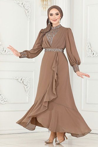 moda selvim Taşlı Eteği Volanlı Şifon Abiye 5671AB368 Vizyon - Thumbnail