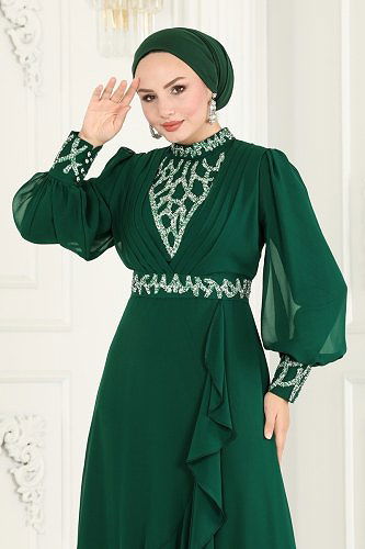 moda selvim Taşlı Eteği Volanlı Şifon Abiye 5671AB368 Zümrüt - Thumbnail