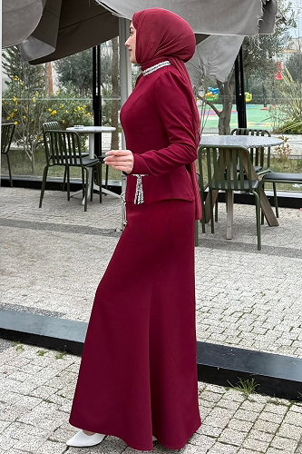 moda selvim Taşlı Fiyonk Detaylı Takım 4699ALGK1170 Bordo - Thumbnail