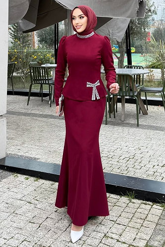 moda selvim Taşlı Fiyonk Detaylı Takım 4699ALGK1170 Bordo - Thumbnail