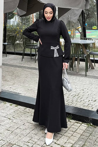 moda selvim Taşlı Fiyonk Detaylı Takım 4699ALGK1170 Siyah - Thumbnail