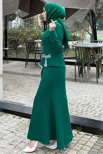 moda selvim Taşlı Fiyonk Detaylı Takım 4699ALGK1170 Zümrüt - Thumbnail