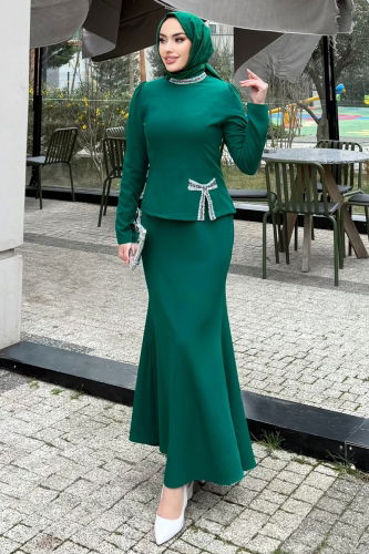 A.L.G.K. - Taşlı Fiyonk Detaylı Takım 4699ALGK1170 Zümrüt