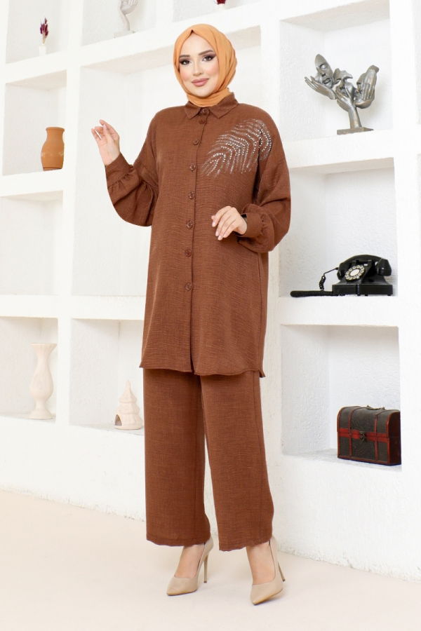 Modaselvim NET %30 İNDİRİM Taşlı Keten Takım AFL4190-M Kahve