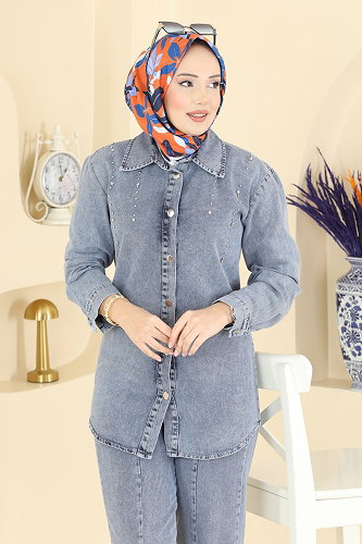 moda selvim Taşlı Kot 2 li Takım 370ORG1169 Açık Kot - Thumbnail