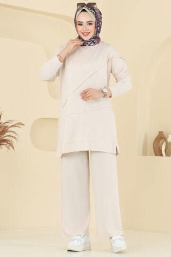 moda selvim Taşlı Nervür Tesettür Takım 2699AYD574 Taş - Thumbnail