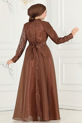 moda selvim Taşlı Organze Abiye 5743AB368 Kahve - Thumbnail