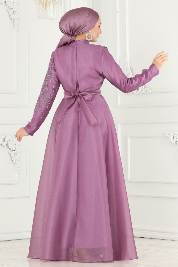 Taşlı Organze Abiye 5743AB368 Lila - 6