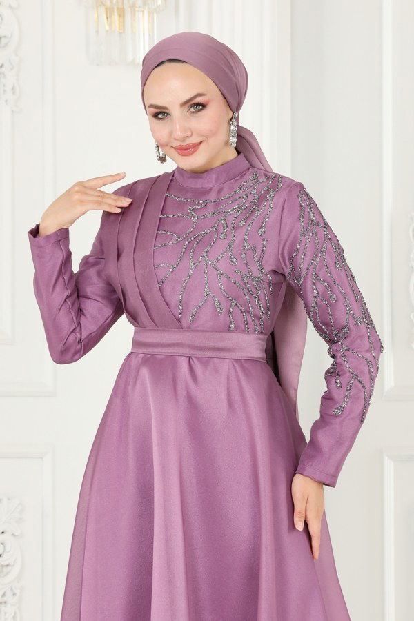 Taşlı Organze Abiye 5743AB368 Lila - 4