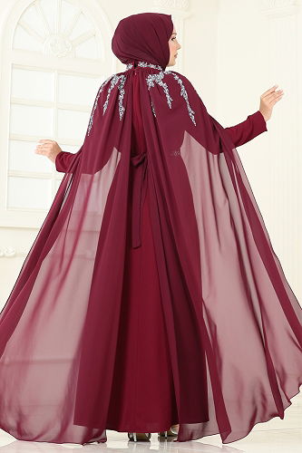 moda selvim Taşlı Pelerinli Şifon Abiye 8073AB368 Bordo - Thumbnail