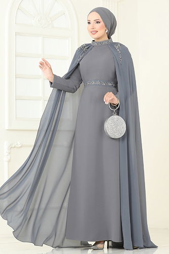 moda selvim Taşlı Pelerinli Şifon Abiye 8073AB368 Koyu Gri - Thumbnail