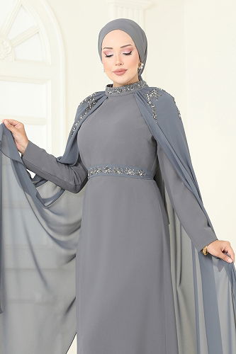 moda selvim Taşlı Pelerinli Şifon Abiye 8073AB368 Koyu Gri - Thumbnail