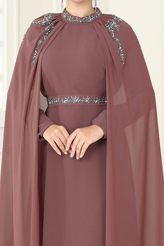 moda selvim Taşlı Pelerinli Şifon Abiye 8073AB368 Koyu Pudra Vizyon - Thumbnail