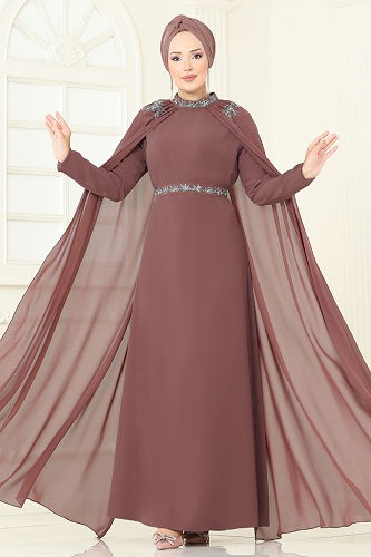 moda selvim Taşlı Pelerinli Şifon Abiye 8073AB368 Koyu Pudra Vizyon - Thumbnail