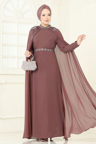 moda selvim Taşlı Pelerinli Şifon Abiye 8073AB368 Koyu Pudra Vizyon - Thumbnail