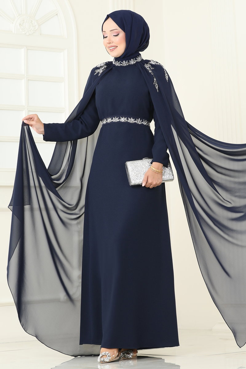 Taşlı Pelerinli Şifon Abiye 8073AB368 Laci