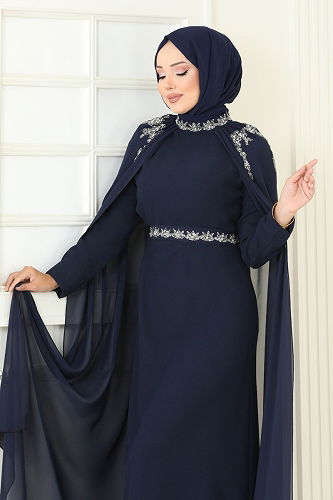 moda selvim Taşlı Pelerinli Şifon Abiye 8073AB368 Laci - Thumbnail