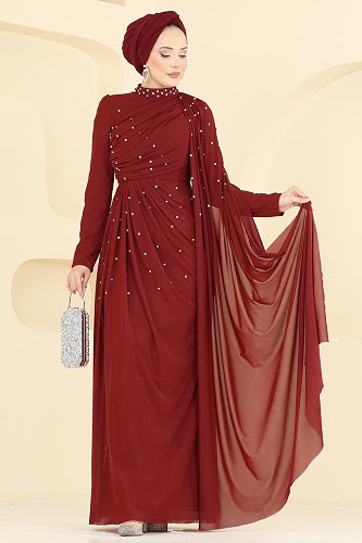 moda selvim Taşlı Pelerinli Tül Abiye 5736EDF311 Açık Bordo - Thumbnail