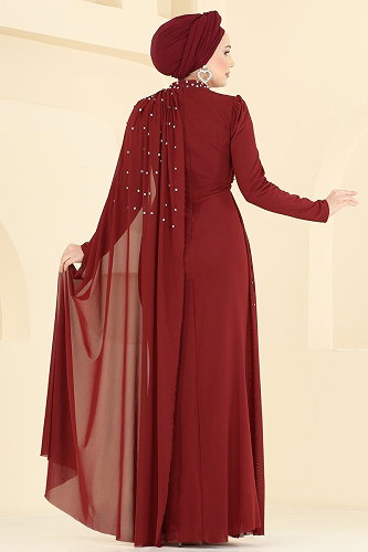 moda selvim Taşlı Pelerinli Tül Abiye 5736EDF311 Açık Bordo - Thumbnail