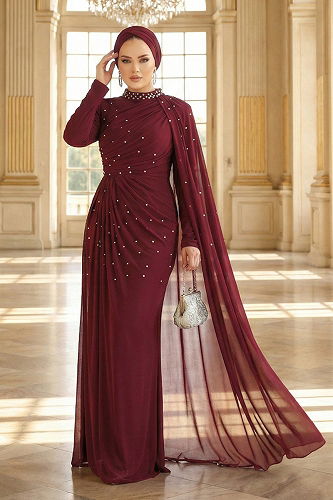 moda selvim Taşlı Pelerinli Tül Abiye 5736EDF311 Bordo - Thumbnail