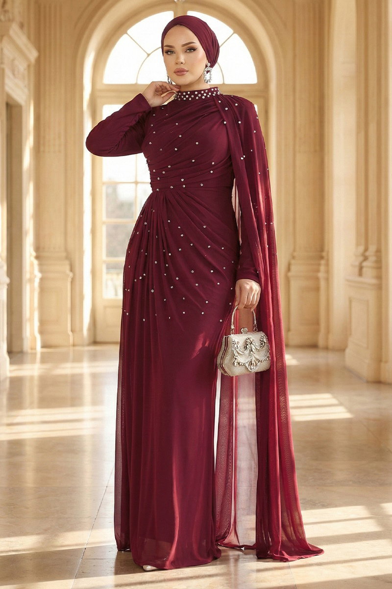 Taşlı Pelerinli Tül Abiye 5736EDF311 Bordo
