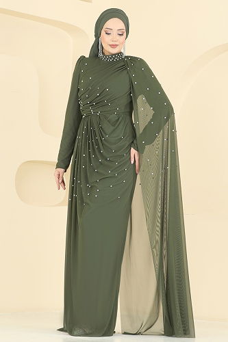 moda selvim Taşlı Pelerinli Tül Abiye 5736EDF311 Haki - Thumbnail