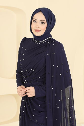 moda selvim Taşlı Pelerinli Tül Abiye 5736EDF311 Laci - Thumbnail