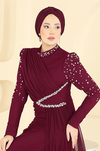 moda selvim Taşlı Pelerinli Tül Abiye 5742EDF311 Bordo - Thumbnail