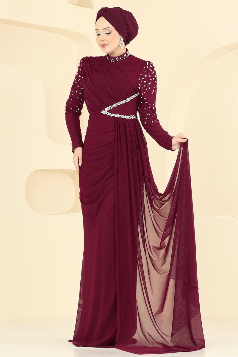 Taşlı Pelerinli Tül Abiye 5742EDF311 Bordo