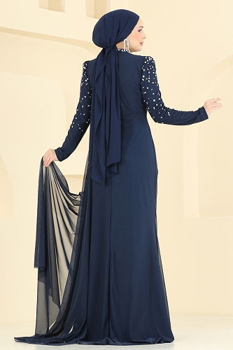 moda selvim Taşlı Pelerinli Tül Abiye 5742EDF311 Laci - Thumbnail