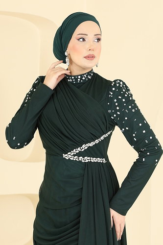 moda selvim Taşlı Pelerinli Tül Abiye 5742EDF311 Zümrüt - Thumbnail