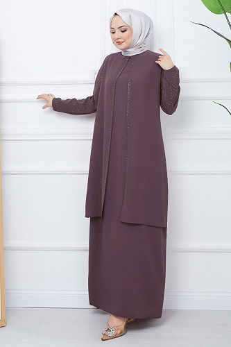 moda selvim Taşlı Petek Kumaş Abiye Elbise 2003OZT1013 Pudra Vizyon - Thumbnail