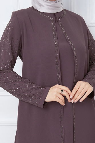 moda selvim Taşlı Petek Kumaş Abiye Elbise 2003OZT1013 Pudra Vizyon - Thumbnail