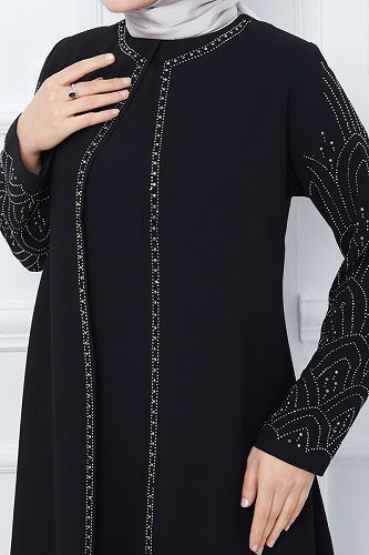moda selvim Taşlı Petek Kumaş Abiye Elbise 2003OZT1013 Siyah - Thumbnail