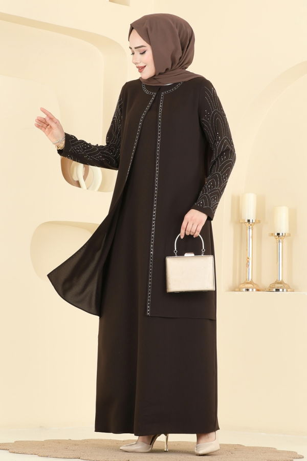 Modaselvim Elbise Taşlı Petek Kumaş Elbise 0500ORG1169 Kahve