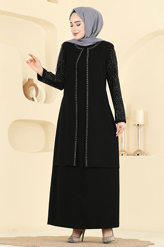 moda selvim Taşlı Petek Kumaş Elbise 0500ORG1169 Siyah - Thumbnail