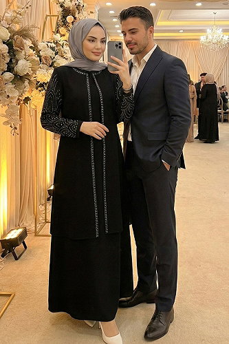 moda selvim Taşlı Petek Kumaş Elbise 0500ORG1169 Siyah - Thumbnail