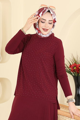 moda selvim Taşlı Pilise Etekli Takım 5581ZNN863 Bordo - Thumbnail