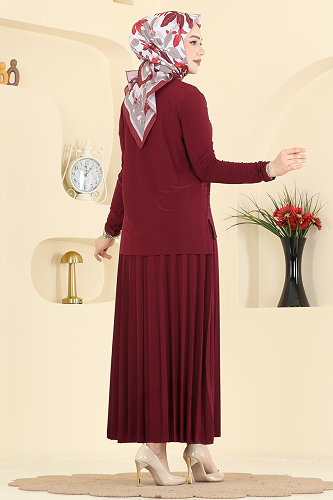 moda selvim Taşlı Pilise Etekli Takım 5581ZNN863 Bordo - Thumbnail