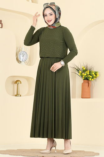 moda selvim Taşlı Pilise Etekli Takım 5581ZNN863 Haki - Thumbnail